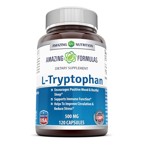 Amazing Formulas L Tryptophan Dietary Supplement500mg 120Capsules(Non Gmo,Gluten Free)-Natural Sleep AidSupplementswith500mg of Free Form L Tryptophan - for Stress Relief, Circulation & Immune Support