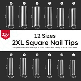modelones Long Square Nail Tips, 2XXL Straight No C Curve Half Cover Soft Gel Tips Pre-shaped Acrylic Fake Nails False Clear Press on Extension Gel Kit Manicure DIY at Home 216PCS 12Sizes