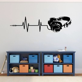 Headphone Music Wall Decals Art Bedroom Video Earphone Wall Decor Music Electrocardiogram Vinyl Wall Stickers for Music Room Y63 (Black)