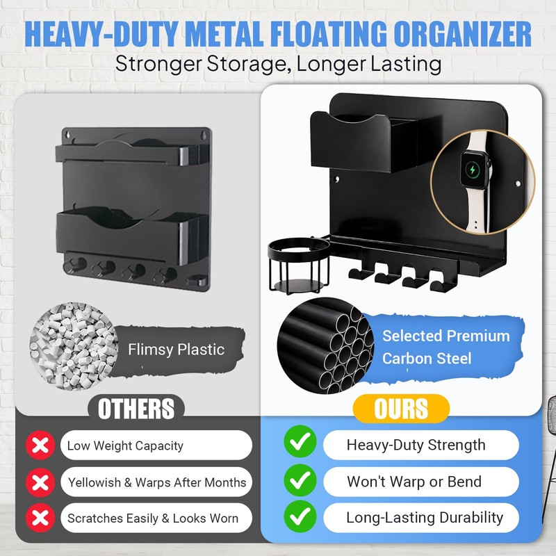 Metal Bedside Wall Shelf, No Drill Floating Bedside Shelf Wall