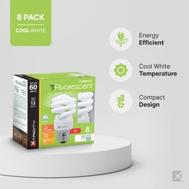 Xtricity foco fluorescente compacta T2 en espiral CFL, 4100 K blanco frío, 13 W (equivalente a 60 W), 900 lúmenes, base media E26, 120 V, certificación UL (paquete de 8)