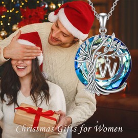 TOUPOP Necklace for Women Tree of Life Initial W Letter Pendant Necklace Sterling Silver Irish Tree Jewelry Blue Circle Crystal Valentines Day Anniversary Birthday Gifts for Her Girlfriend Wife Mom