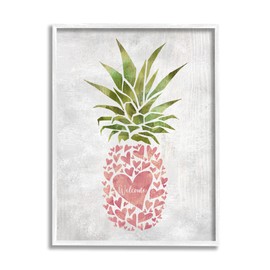 Stupell Industries Abstract Heart Shape Pineapple Welcome Greeting White Framed Wall Art, 11 x 14, Pink