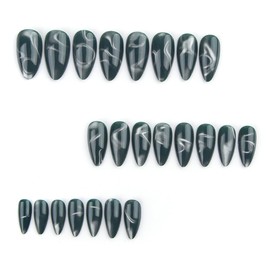 Emerald Green Stiletto Fake Nails, Glossy Finish, 24 pcs for elitist woman, silver cat eyes, Almond shape