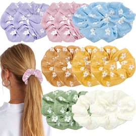14PCS Daisy Flower Soft Hair Scrunchies,Colorful Hair Ponytail Holders Flower Hair Bands Hair Accessories for Girls Women Thick Curly Hair