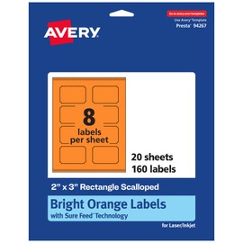 Avery Printable Rectangle Scalloped Labels with Sure Feed Technology, 2" x 3", Bright Orange Labels, Print-to-The-Edge, Laser/Inkjet, 160 Total, Great for Mailing Labels and Candle Labels