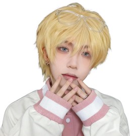 KOME Men's Short Full Wig, Men's Wig, Cosplay, Cool, Natural, Heat Resistant, Disguise, Popular, Fashionable, One Size Fits Most, Net Included, Heat Resistant (Gold)