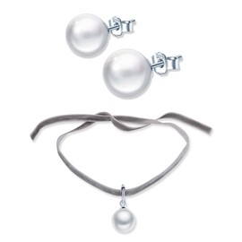 Yumilok Necklace Women's Necklace Collar Women's Stud Earrings Pearl Stud Jewellery Sets with White Pearl Made of 925 Sterling Silver Black Blue, Sterling Silver Pearl Sterling Silver Pearl flannel,