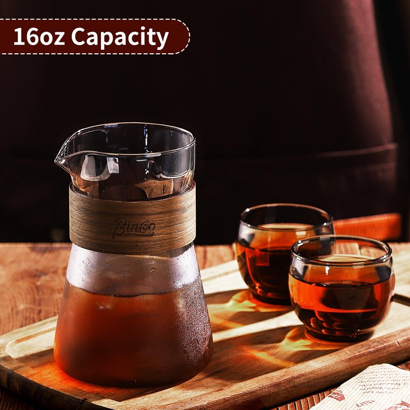 Bincoo 16oz Glass Coffee Carafe with Wood Heat-Resistant Layer, Coffee