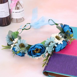 IBLUELOVER Flower Crown Headband Bohemian Bride Flower Wreath Garland Wedding Headpiece Boho Pearl Velvet Floral Hair Accessories with Ribbon Rose for Women Girls Festival Wedding Photography Props