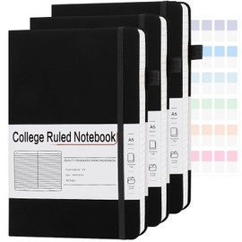 CRONELYSIA A5 Lined Journal Notebooks for Work, 192 Pages, Medium 5.7 x 8.3inch, College Ruled, Vegan Leather Hardcover Journals for Women Men,3 Pack,Black