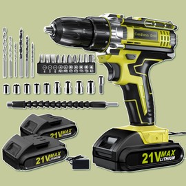 Drill, 21V Cordless Drill with Dual 2.0Ah Power Pack, Electric Drills 3/8 Inch Chuck 370 In-lbs, 25+1 Torque Power Combi Screwdriver Set with Power Pack and Charger, 2 Speed LED Light 29 Accessories