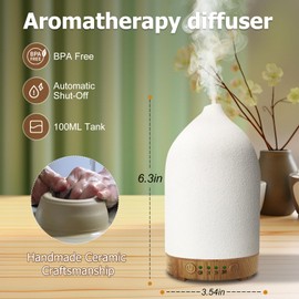Vasysvi Essential Oil Diffuser Humidifiers, Aromatherapy Diffusers, Ceramic Essential Oil Diffuser, 7 Color LED Lights Auto Shut-Off, 4 Timer Mode for Office and Room 100ML White