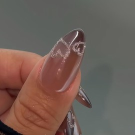 Almond Press on Nails Cat's Eye Fake Nails Black Ombre False Nails with Heart Designs Stick on Nails Sparkly Glue on Nails Cute Artificial Nails for Women 24PCS