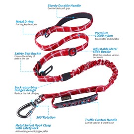 Hotsky Christmas Dog Leash Heavy Duty, Tactical Bungee Dog Leash with Car Seat Belt and Dual Handle for Medium Large Dogs, 4-6ft Adjustable Shock Absorbing Strong Dog Leashes for Training,Redplaid