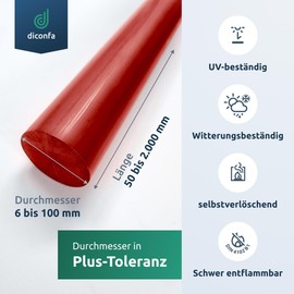 diconfa PVC round rod, red, to size, selection: diameter 6 x 1000 mm, diameter: 6 to 100 mm, length: 100 mm to 1000 mm, deburred plastic rod, hard solid material, round pole, robust, durable