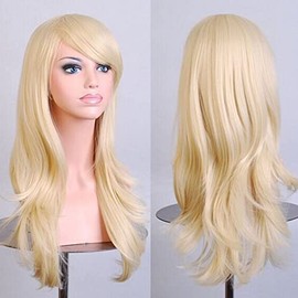 Peluca Ondulada Larga y Rizada para Cosplay, Peluca Rubia Larga con Flequillo para Mujer, Peluca Rubia Ondulada y Rizada, Pelucas de Halloween de Cabeza Completa para Mujer, 70cm(Rubio claro)