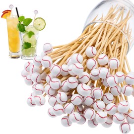 RANERVZ 100Pcs Baseball Cocktail Picks 4.7 Inch Decorative Sports Ball End Toothpicks for Appetizers Bamboo Cocktail Sticks Skewers for Drinks, Fruits, Desserts, Charcuterie(Baseball)