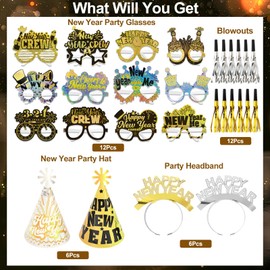 DPKOW 36pcs Glitter 2025 New Year Party Accessories, Hats Glasses New Year Headband Tiara Fringed Noise Makers for 2025 New Year's Eve Party Favour Kit New Year Black Gold Silver White