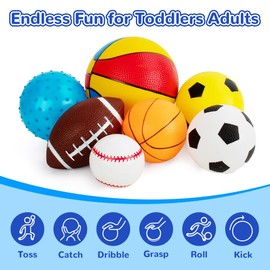 teytoy Balls for Toddlers 1-3,Toddler Sports Toys,Set of 7 Kids Ball Soft Foam Baby Sports Balls- Soccer Ball Basketball Baseball Rugby Bounce Ball Playground Indoor Outdoor Toys Gifts,with Free Bump/Bag