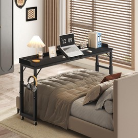 MAHANCRIS Overbed Table with Wheels, Queen Size Adjustable Rolling Desk