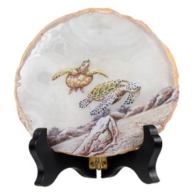 Nupuyai Natural Geode Agate Slices Decoration with Wooden Stand, Irregular Printed Sea Turtles Agate Plate Gemstones Agate Slices for Home, Office and Feng Shui Decor