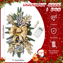 Artificial Christmas Swags 24 Inch Cordless Prelit Teardrop Swag Christmas Staircase Decorations Lighting Stair Swags and Garlands Xmas Wreath for Stair Window Wall Home Decor (1Pcs Gold)