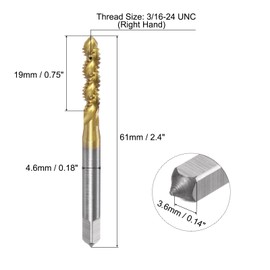 sourcing map Spiral Flute Thread Taps, 3/16-24 UNC 2B Screw Threading Tap, Titanium Coated 6542 High Speed Steel Machine Tapping Tools for Machinist Repair