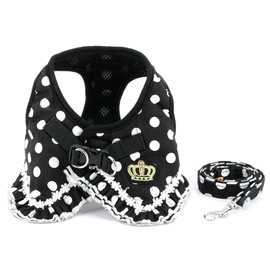 SMALLLEE_LUCKY_STORE No Pull Polka Dot Small Dog Puppy Cat Harness with Crown, Soft Mesh Padded Vest Harness and Leash Set for Girls,Black M