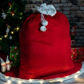 com-four® 2 x Premium Christmas Sack, Red Gift Bag for Filling, Christmas Bags with Pompoms & Secret as Decoration, Great Gift Packaging (2 Pieces Medium with Secret Santa)