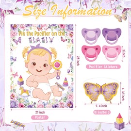 Faccito Butterfly Baby Shower Party Games Pin The Pacifier Game Set Butterfly Theme Decor Include Large Poster Blindfold 24 Pacifier Stickers for Baby Shower Party Decorations Activities Supplies