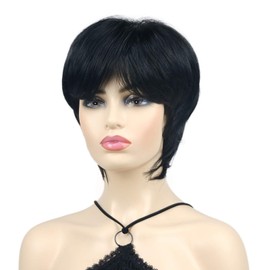 Wiginway Short Straight Full Synthetic Wigs Shaggy Hairstyle Layered Wigs with Bangs Natural Fashion Wigs Jet Black