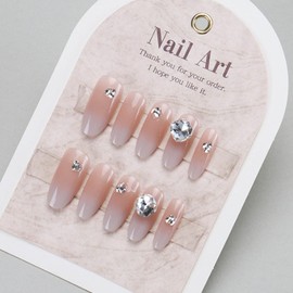 Hkanlre Grey Fake Nails Tips Gradient Rhinestones Press on Nails Full Cover Medium False Almond Nails for Women 24PCS