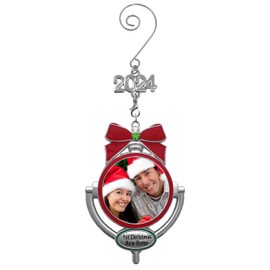 First Christmas in Our New Home Photo Ornament - 2024 Dated - Decorative Door Knocker Style - Red Bow Silver Metal with Decorative S-Hook - Gift/Storage Bag Included
