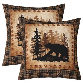 Jungle Bear Throw Pillow Covers Rustic Farmhouse Style Vintage Plaid Pillow Cases for Kids Teens Adults Wild Animal Pine Trees Decor Cushion Covers for Living Room Couch 18x18 Inch Set of 2
