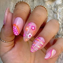 Medium Press on Nails Almond, Flower Fake Nail, Glossy Pink False Nails, Artificial Glue on Nails, Spring Colorful Flower Stripes Almond Nails, Irregular Bot Medium Nails for Women