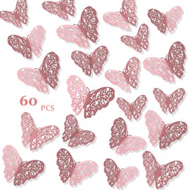 Mariposas Decorativas, 60 Piezas 3D Decoraciones de pared de Mariposa, 3 Tamaños Decoraciones de Pastel de Pegatinas para Pared para Navidad, Fiesta, Decoración de Habitación para Niños, Rosado