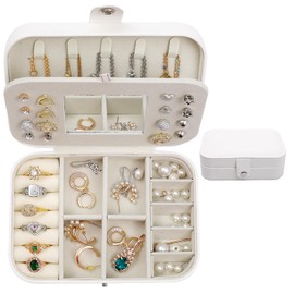 Yochus White Travel Jewelry Box with Mirror, PU Leather Small Jewelry Organizer for Women Girls, Portable Mini Travel Case Display Storage Holder Boxes for Stud Earrings, Rings, Necklaces, Bracelets