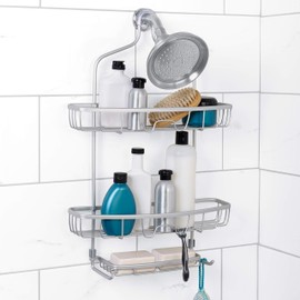 Zenna Home NeverRust Shower Caddy Hanging Bathroom Organizer, Aluminum Shower Rack with 2 Extra Wide Shelves and Built in Hooks, Over Shower Head Storage System, Satin Chrome
