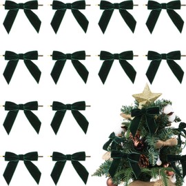 YKW 12 Pcs Green Velvet Christmas Bows for Christmas Tree, Wreath & Natural Decor - 3.5x3.5 Forest Holiday Ribbon Bow Wedding Crafts (1" W)