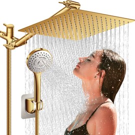 Beekim 12'' Shower Head with Handheld, High Pressure Rainfall Shower Head Combo with 11'' Adjustable Extension Arm, 5 Setting Hand Held Shower Head with 60 Inch Shower Hose. Anti-Leak (Gold)