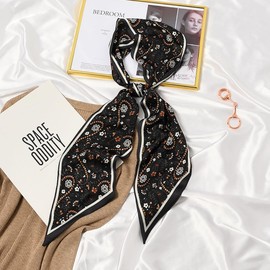GIMIRO Satin Silk Scarf 148 x 13.5 cm, Tie, Double Layer Band for Blazer, Coat, Dress, Black flower