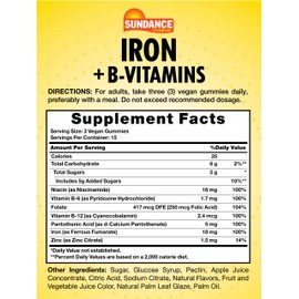 Sundance Iron Gummies | Plus B-Vitamins | 45 Vegan Gummies | Grape Flavor | Vegan, Non-GMO, and Gluten Free Supplement