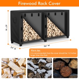 WLEAFJ 8 foot Outdoor Firewood Rack Cover Waterproof, Log Rack Cover, Wood Cover for Log Holder, 96" W x 24" D x 41" H, Black