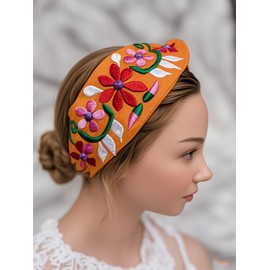 FANFAN Women's Mexican Headband with Flowers - Boho Sunset Orange Embroidered Floral Elastic Hair Band - Día de los Muertos/El Buen Fin Celebration, Beach & Wedding Accessories E9 (Orange, One Size)