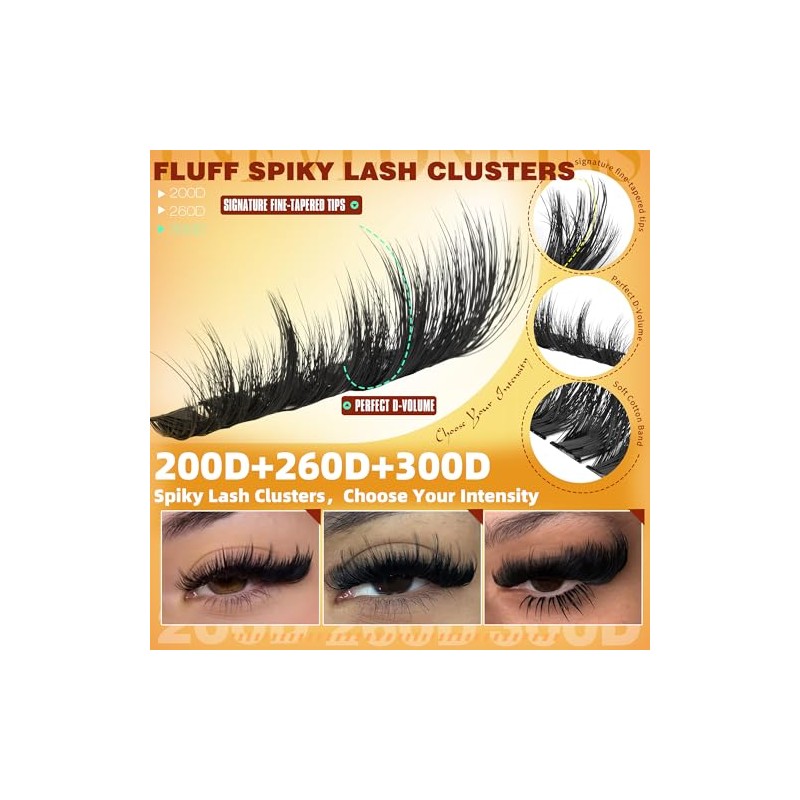 Fluffy Lash Clusters with Spikes 200D+260D+300D Cluster Eyelash Extensions Thick