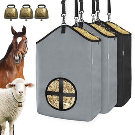 3 PCS Goat Hay Feeder,Hay Bags for Horses,Goats,Donkeys with Reinforced Oxford Fabric and High Strength Metal Clasp,Horse Feeding Supplies with Adjustable Strap for Easy Hanging (2Grey+1Black)