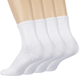 MIHAIR Pilates Yoga Socks with Grips for Women - Crew Length Ballet Barre Socks - Sticky Workout Hospital Socks (US, Alpha, One Size, Regular, Regular, 4 Pairs (White*4))