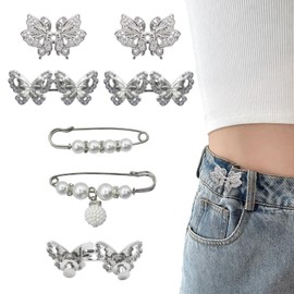 6 Set Pant Waist Tightener Butterfly Buttons Pins for Loose Jeans Reusable Waist Cincher Clip Pearl Brooch for Clothing Skirts Dresses No Sewing Decoration Accessories