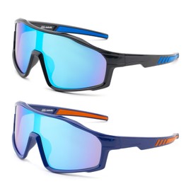 EYEBUDDY 2 Packs Kids Sports Sunglasses-Cycling Glasses &Goggles for Boys Girls, UV400 Kids Baseball Sunglasses Age 5-10 (A-S8010-Black Blue/Blue Orange)